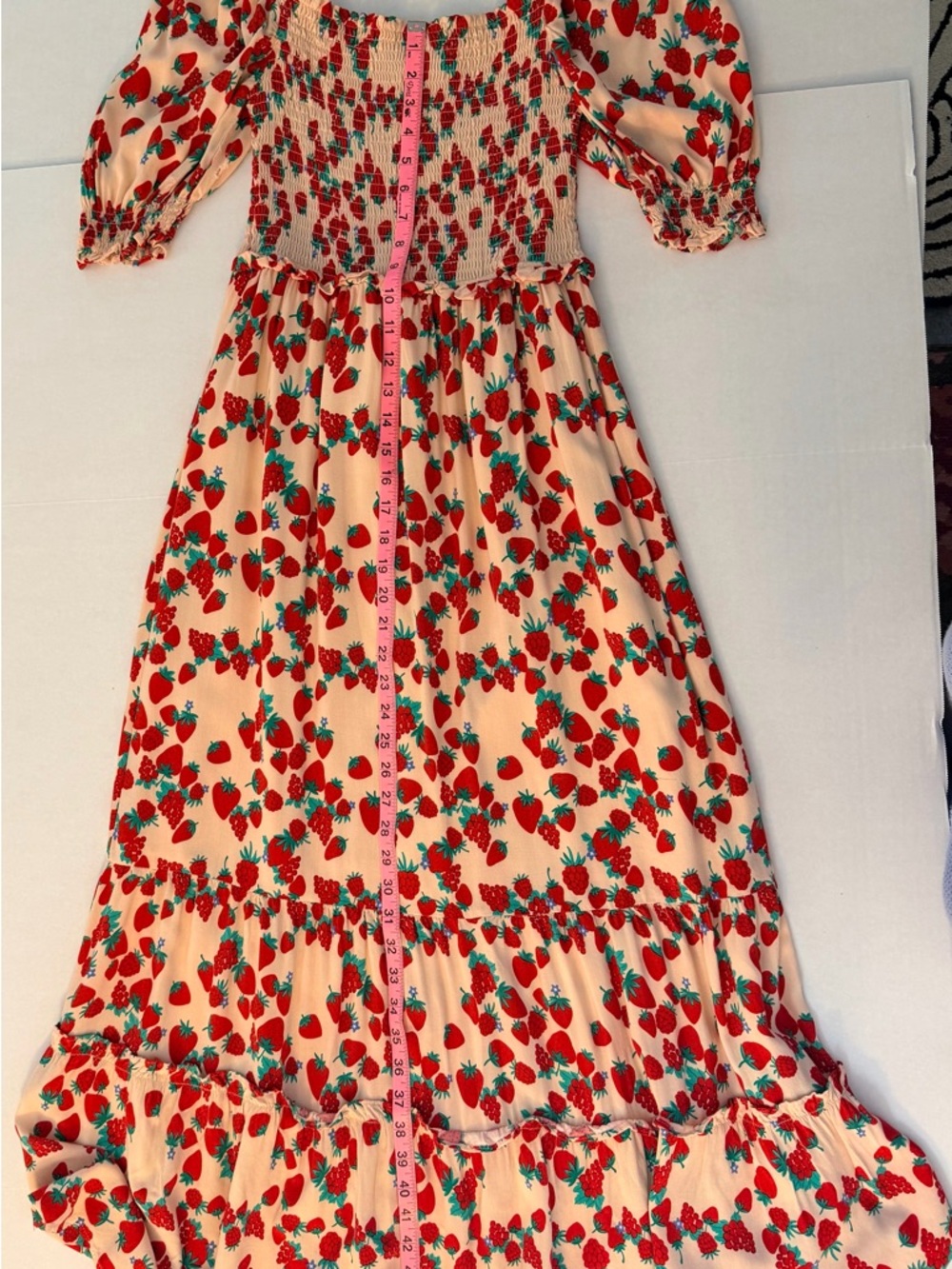 Betsey Johnson Flowy Strawberry & Raspberry Print Smocked Maxi Dress, Size S - Picture 7 of 12